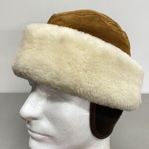 Vintage North King Cossack Hat Tan Suede Leather Sheepskin Brim Ear Flap Cap 22"